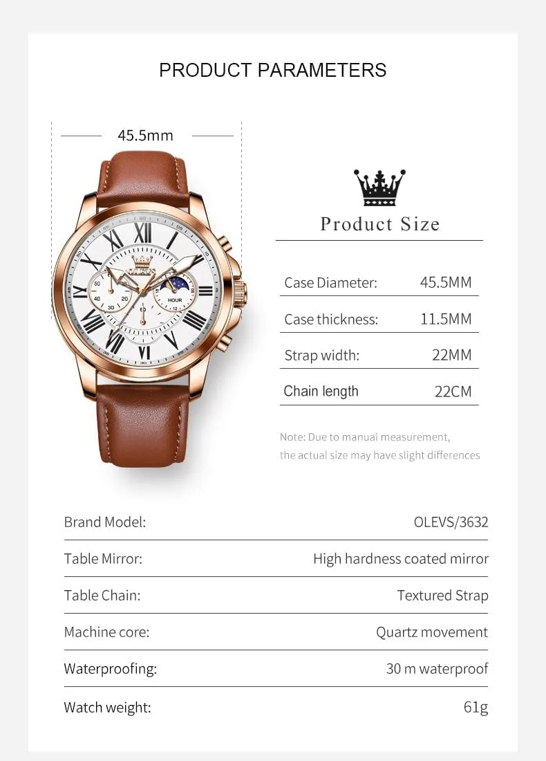 Analog Quartz Watch, Fashion converter pinon Big Dial Date Waterproof Watch, Dress Luxury Luminous Men Watches OLEVS Men's Watches Leather Strap 