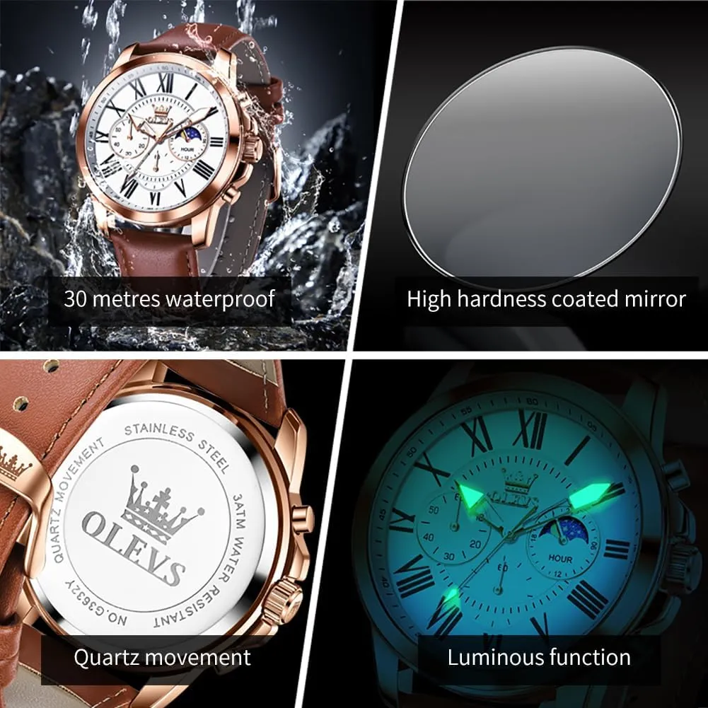Analog Quartz Watch, Fashion converter pinon Big Dial Date Waterproof Watch, Dress Luxury Luminous Men Watches OLEVS Men's Watches Leather Strap 