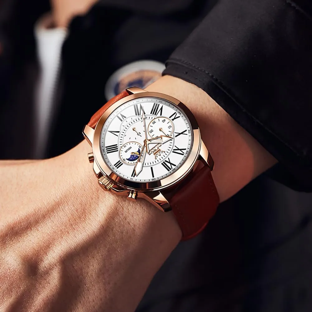 Analog Quartz Watch, Fashion converter pinon Big Dial Date Waterproof Watch, Dress Luxury Luminous Men Watches OLEVS Men's Watches Leather Strap 