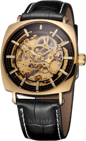 Analogue Dial Trendy Watch with Leather Strap FORSINING Men's college minimize Mechanical Self-winding Skeleton 