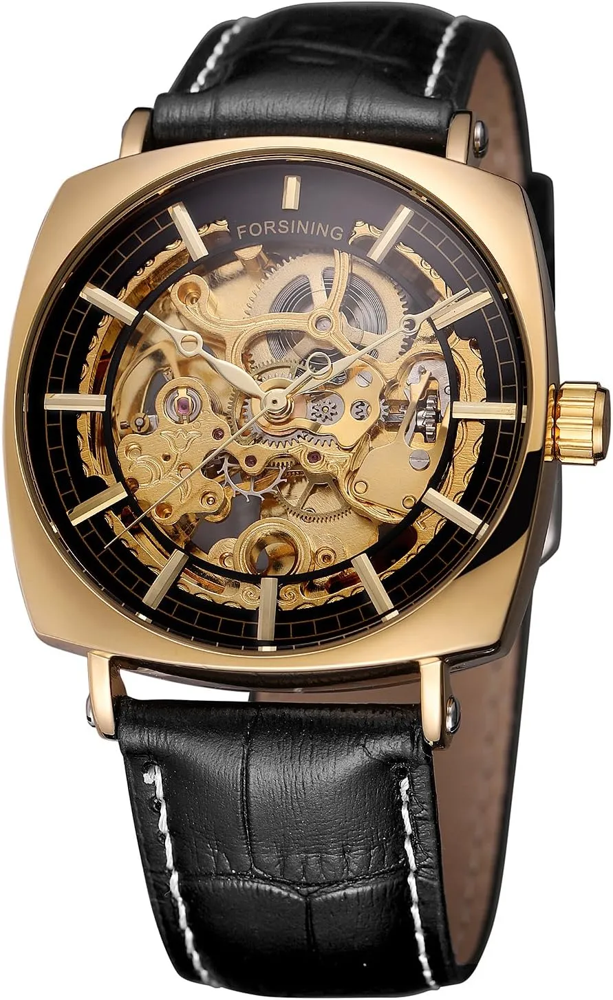 Analogue Dial Trendy Watch with Leather Strap FORSINING Men's college minimize Mechanical Self-winding Skeleton 