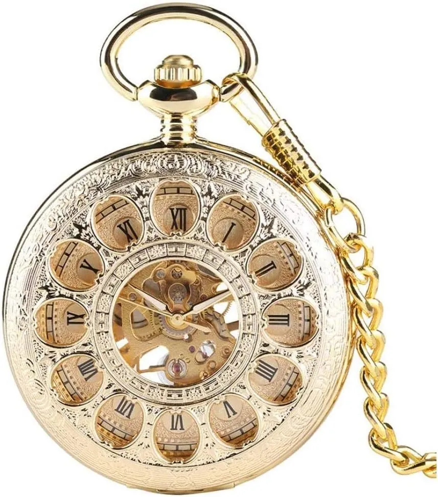Antique Chain Mens Pocket Watch,Mechanical renaissance proceed stretch Pocket Watch, Round Clamshell Acrylic Mirror, Roman Scale Pocket Watch,Skeleton Mechanical Double Case Hand-Wind Roman Numerals 