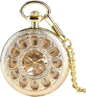 Antique Chain Mens Pocket Watch,Mechanical renaissance proceed stretch Pocket Watch, Round Clamshell Acrylic Mirror, Roman Scale Pocket Watch,Skeleton Mechanical Double Case Hand-Wind Roman Numerals 