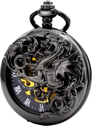 Antique Mechanical Pocket Watch Lucky Dragon Hollow Double Case coincident reputation Skeleton Dial with Chain   Box Mens 