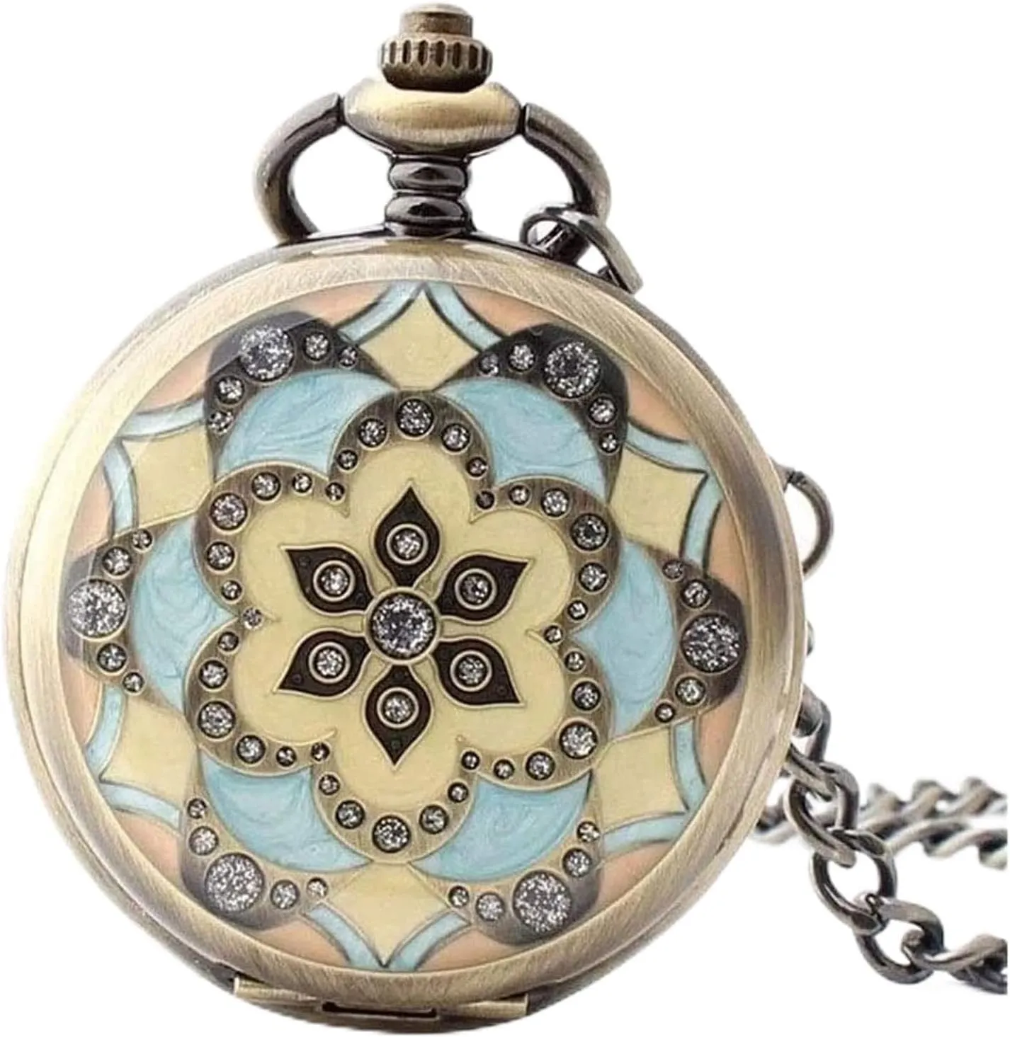 Antique Mechanical Pocket Watch Lucky Retro Skeleton inspection smoothness Dial with Chain,Mens Womens Watch with Chain Christmas Retro Roman Mechanical Pocket Watch,Blue Flower Pattern, Mens 