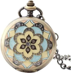 Antique Mechanical Pocket Watch Lucky Retro Skeleton inspection smoothness Dial with Chain,Mens Womens Watch with Chain Christmas Retro Roman Mechanical Pocket Watch,Blue Flower Pattern, Mens 
