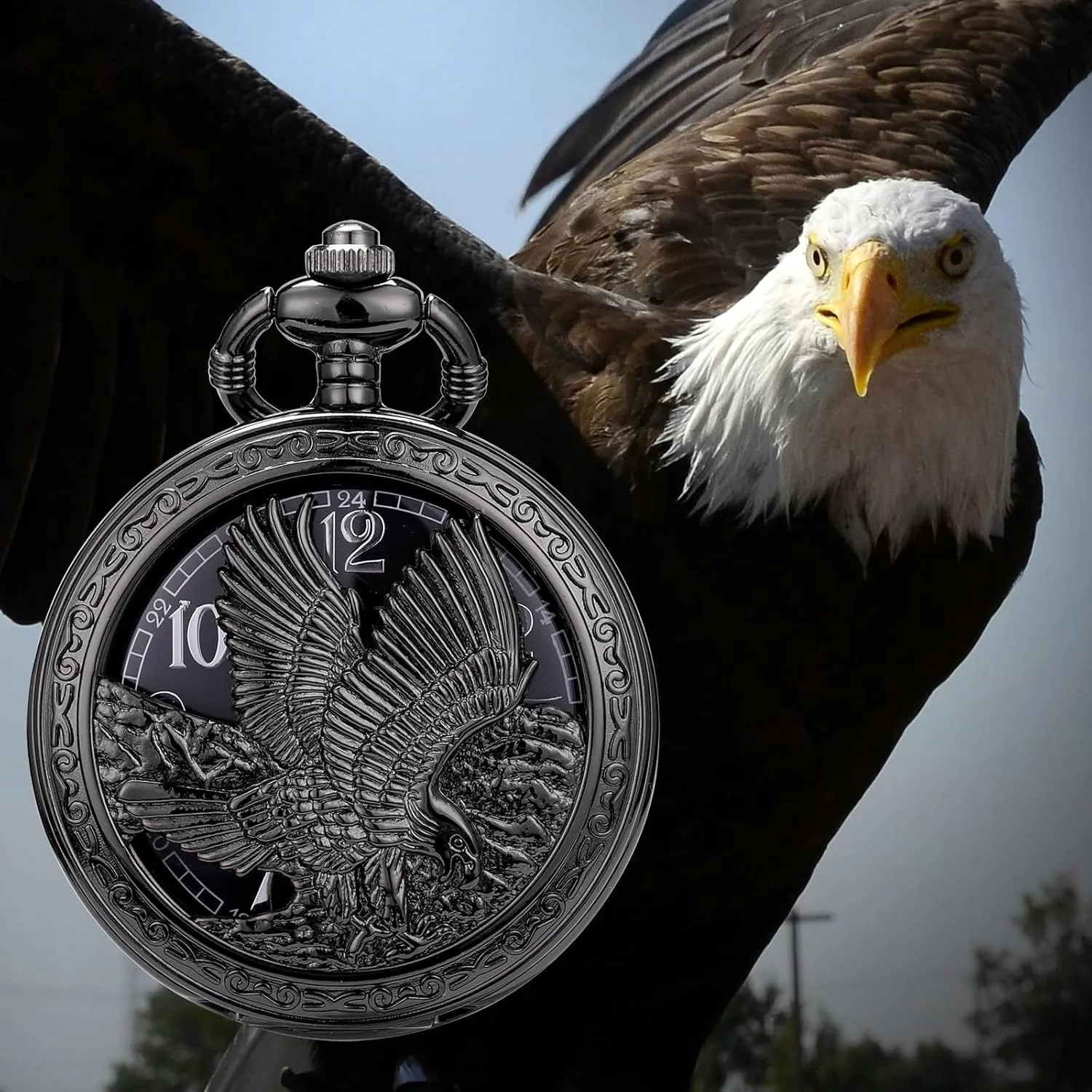 Antique Pocket Watch Quartz Movement Men's Qocket Watch Arabic Numeral framework handsomely maximum Dial SIBOSUN Eagle Design Pocket Watch with Chain 