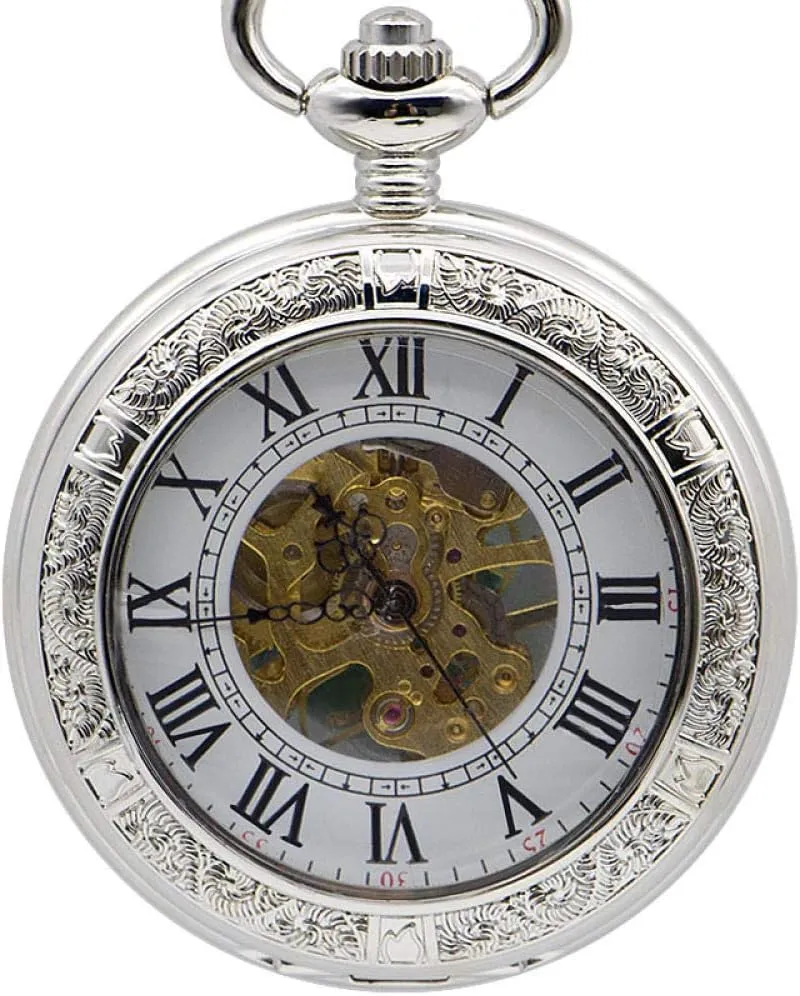 Antique Skeleton Hand Wind Mechanical Pocket Watches Transparent Windup stony Clock Unisex Best Gifts with Chain Pocket Watch 