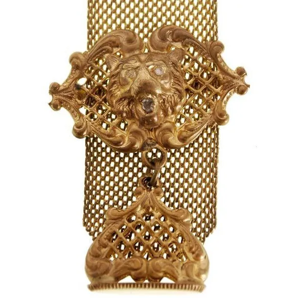 Antique Watch Chain Swivel Fob Mesh w Lion & Seal Victorian  Gold Plate