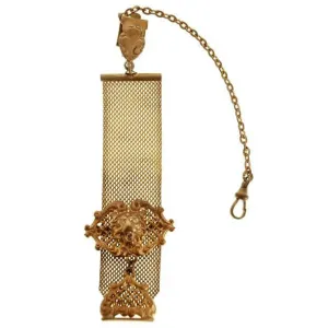 Antique Watch Chain Swivel Fob Mesh w Lion & Seal Victorian  Gold Plate