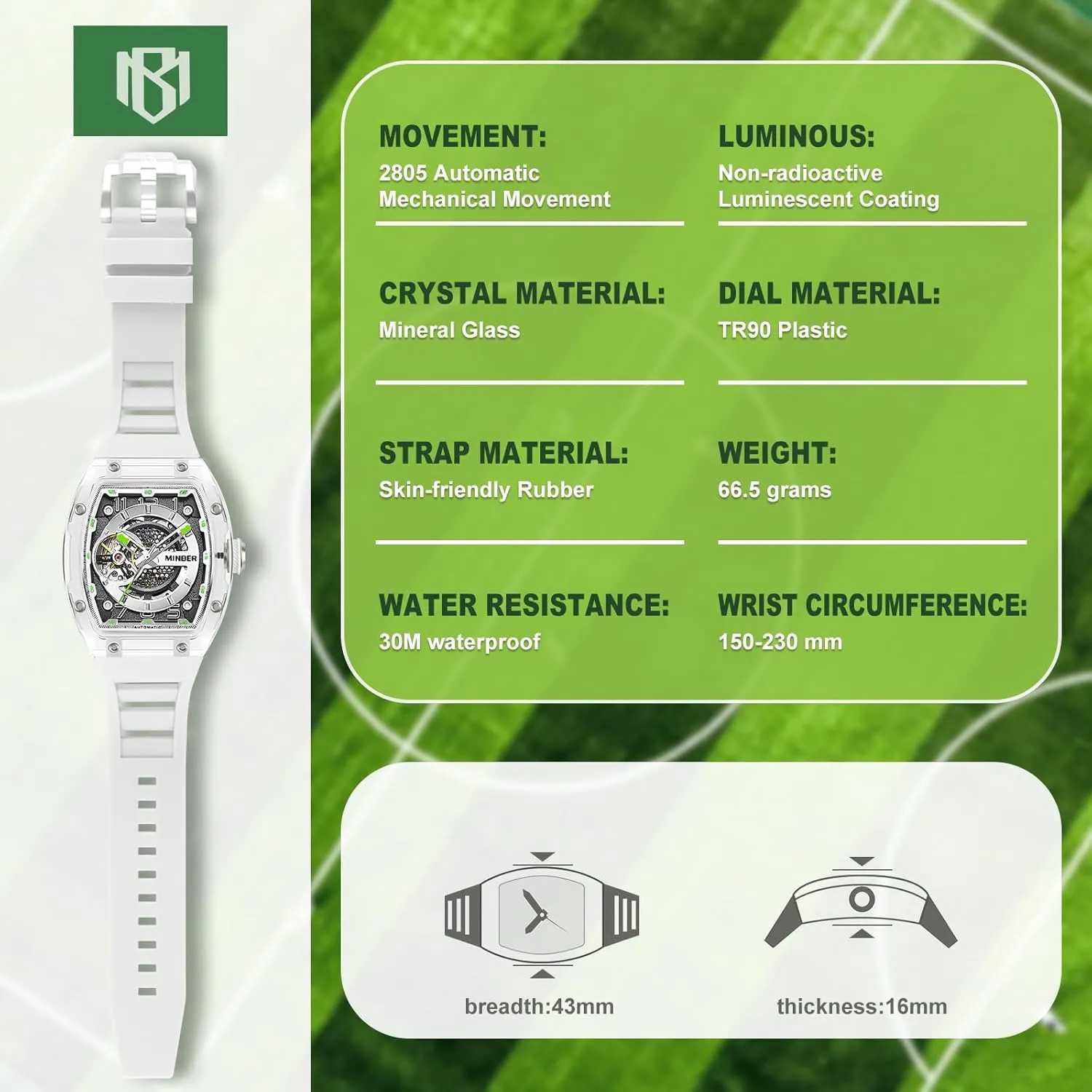ATM Waterproof, Business Casual Sporty Design Men's Watch, with Rubber merciless Strap Skeleton Automatic Watch, 43mm Dial with Luminous Hands, Self Winding Watch, 3 