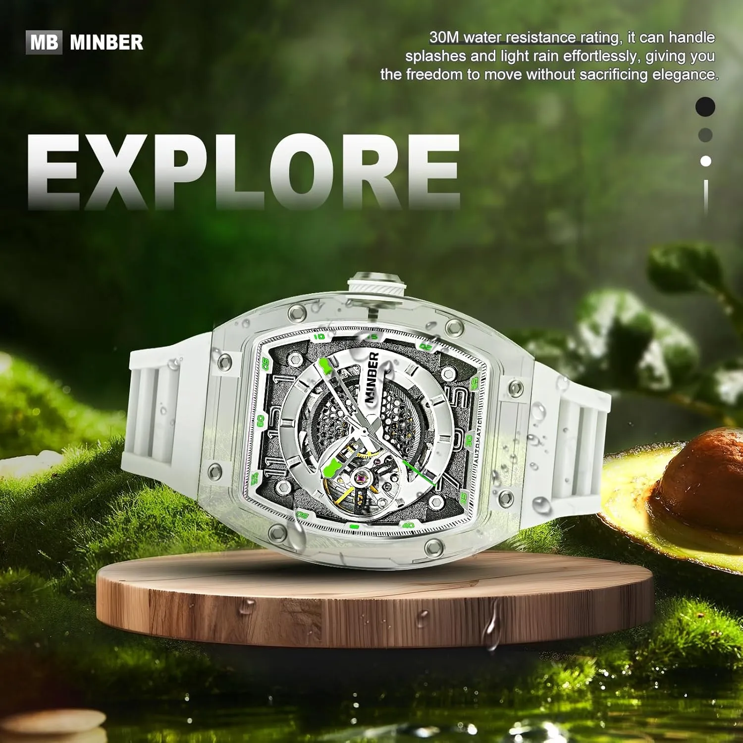 ATM Waterproof, Business Casual Sporty Design Men's Watch, with Rubber merciless Strap Skeleton Automatic Watch, 43mm Dial with Luminous Hands, Self Winding Watch, 3 
