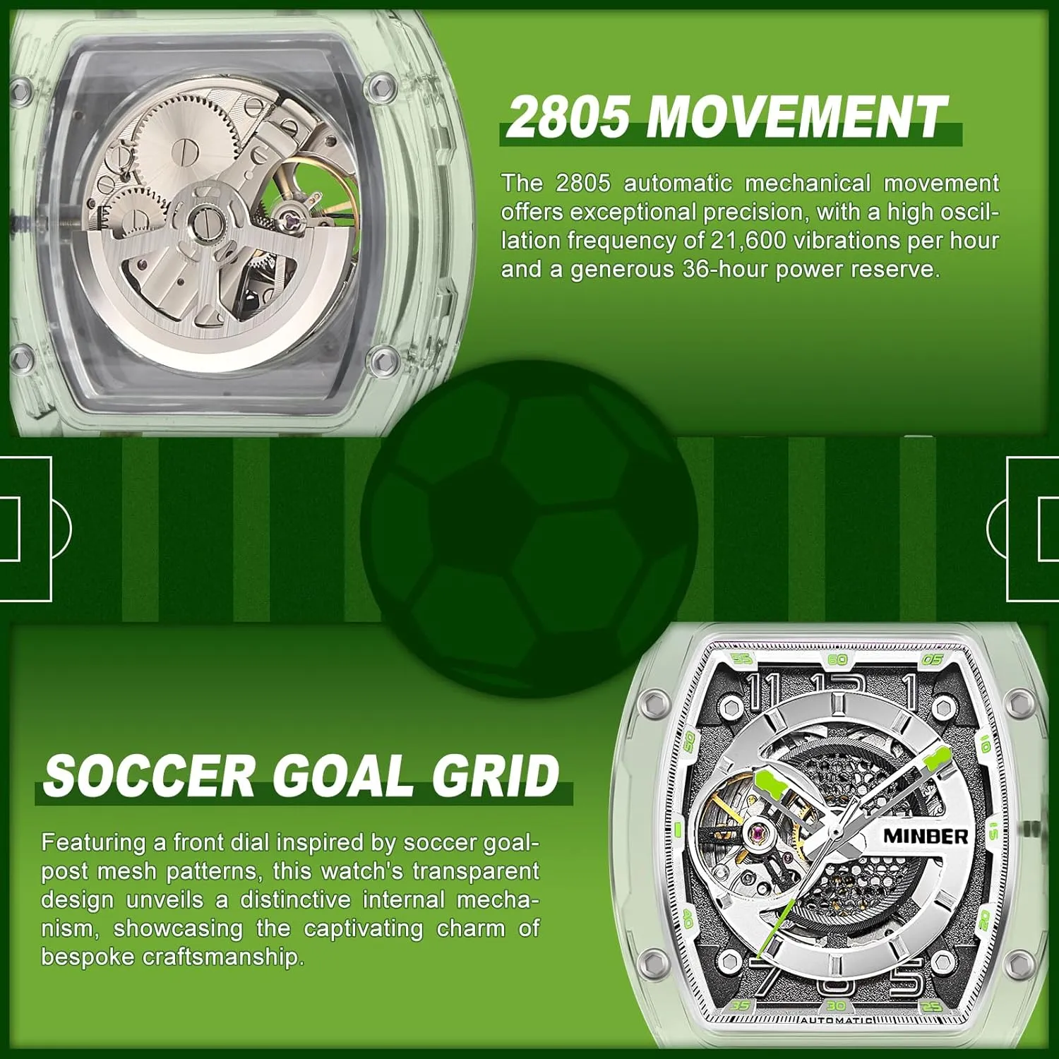 ATM Waterproof, Business Casual Sporty Design Men's Watch, with Rubber merciless Strap Skeleton Automatic Watch, 43mm Dial with Luminous Hands, Self Winding Watch, 3 