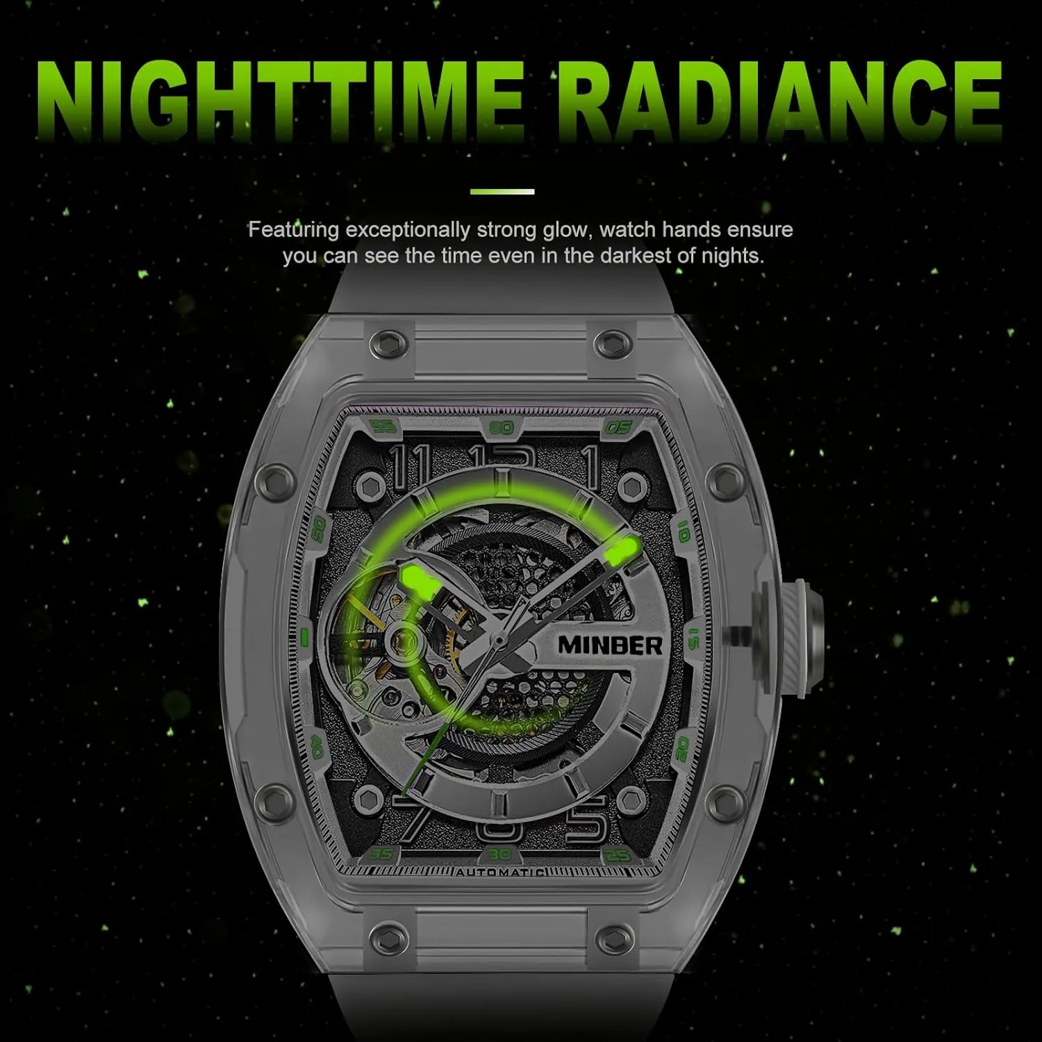 ATM Waterproof, Business Casual Sporty Design Men's Watch, with Rubber merciless Strap Skeleton Automatic Watch, 43mm Dial with Luminous Hands, Self Winding Watch, 3 