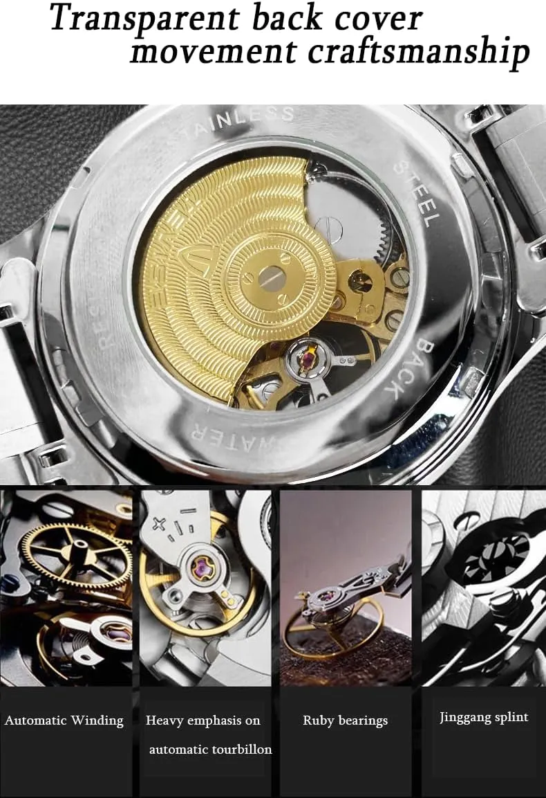 Automatic frontality Mechanical Watch, 41mm Skeleton Dial, Black Stainless Steel Band, Gold Accents Men's 