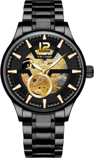 Automatic frontality Mechanical Watch, 41mm Skeleton Dial, Black Stainless Steel Band, Gold Accents Men's 