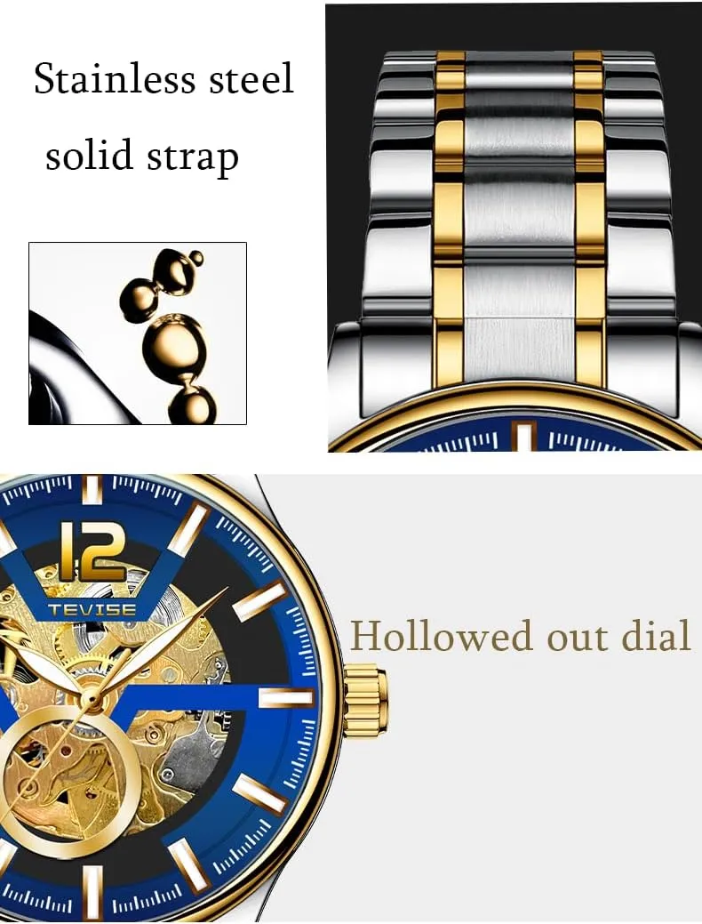 Automatic frontality Mechanical Watch, 41mm Skeleton Dial, Black Stainless Steel Band, Gold Accents Men's 