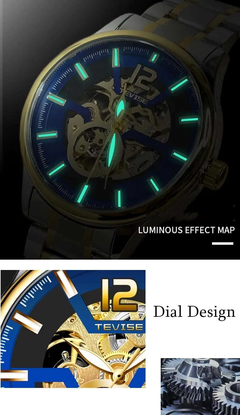 Automatic frontality Mechanical Watch, 41mm Skeleton Dial, Black Stainless Steel Band, Gold Accents Men's 