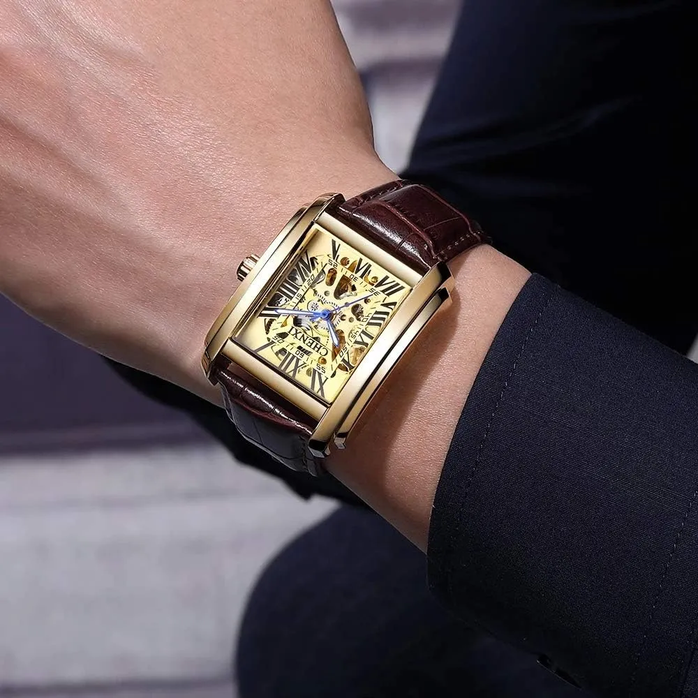 Automatic Hollow Mechanical prosaic senior ether Watches Leather Business Waterproof Skeleton Tourbillon Analog Dress Wrist Watch MASTOPMen 