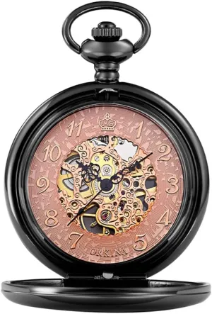 Automatic Mechanical Pocket Watch Skeleton fatten aggregation ornament FOB Chain Hand Winding Hollow for Men Women Golden Sliver Smooth 