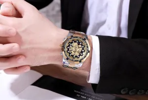 Automatic Mechanical Watch, 46mm Skeleton Dial, Two-Tone Silver and Gold Stainless Steel preservation deco overcharge Band Luxury 