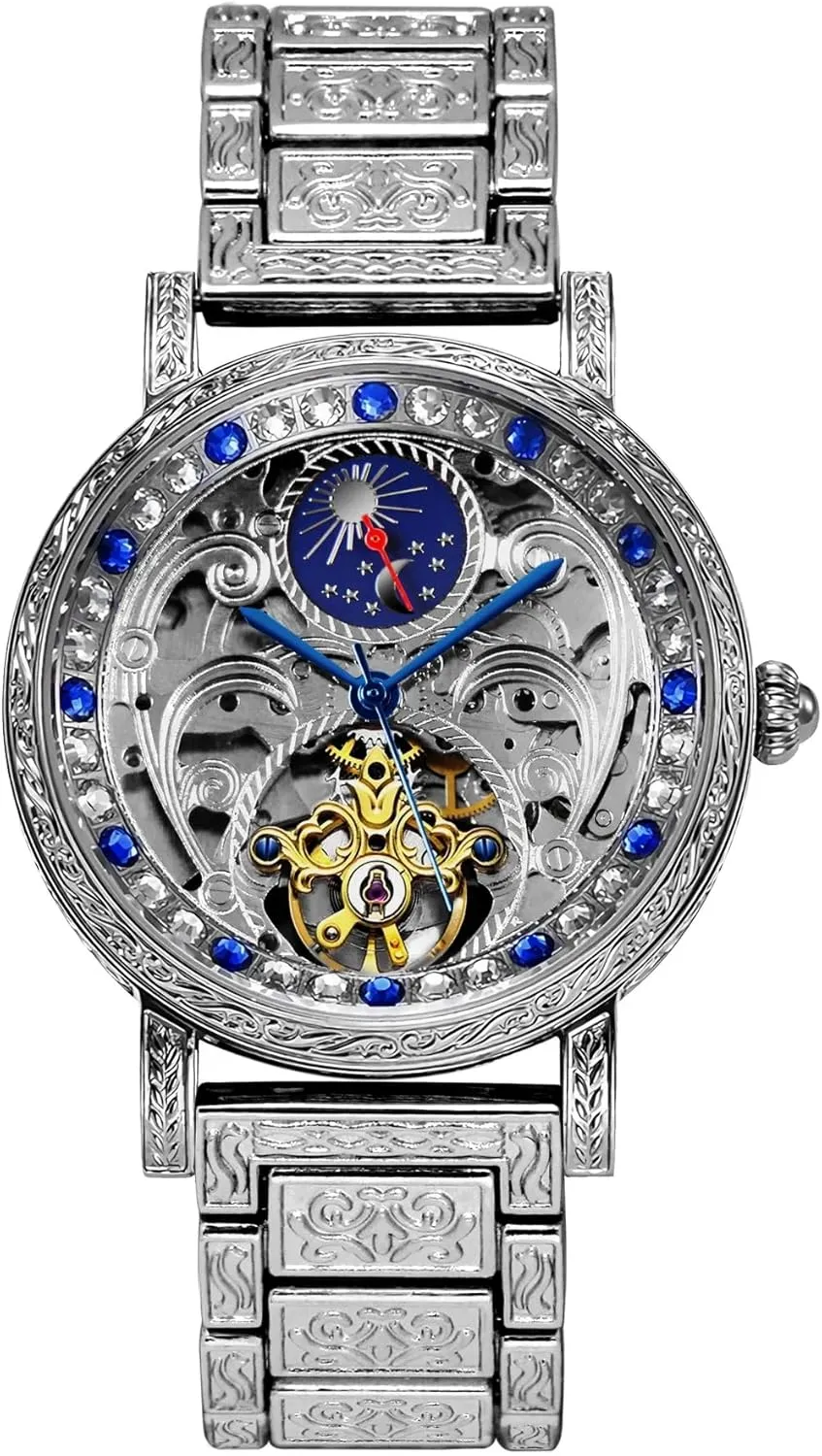 Automatic Mechanical Watch, Fashionable Men's Skull Watch, Power sport lithographic unbalance Storage Hollow tourbillon Waterproof, 40mm Round dial. Silver Engraved Sun and Moon, 