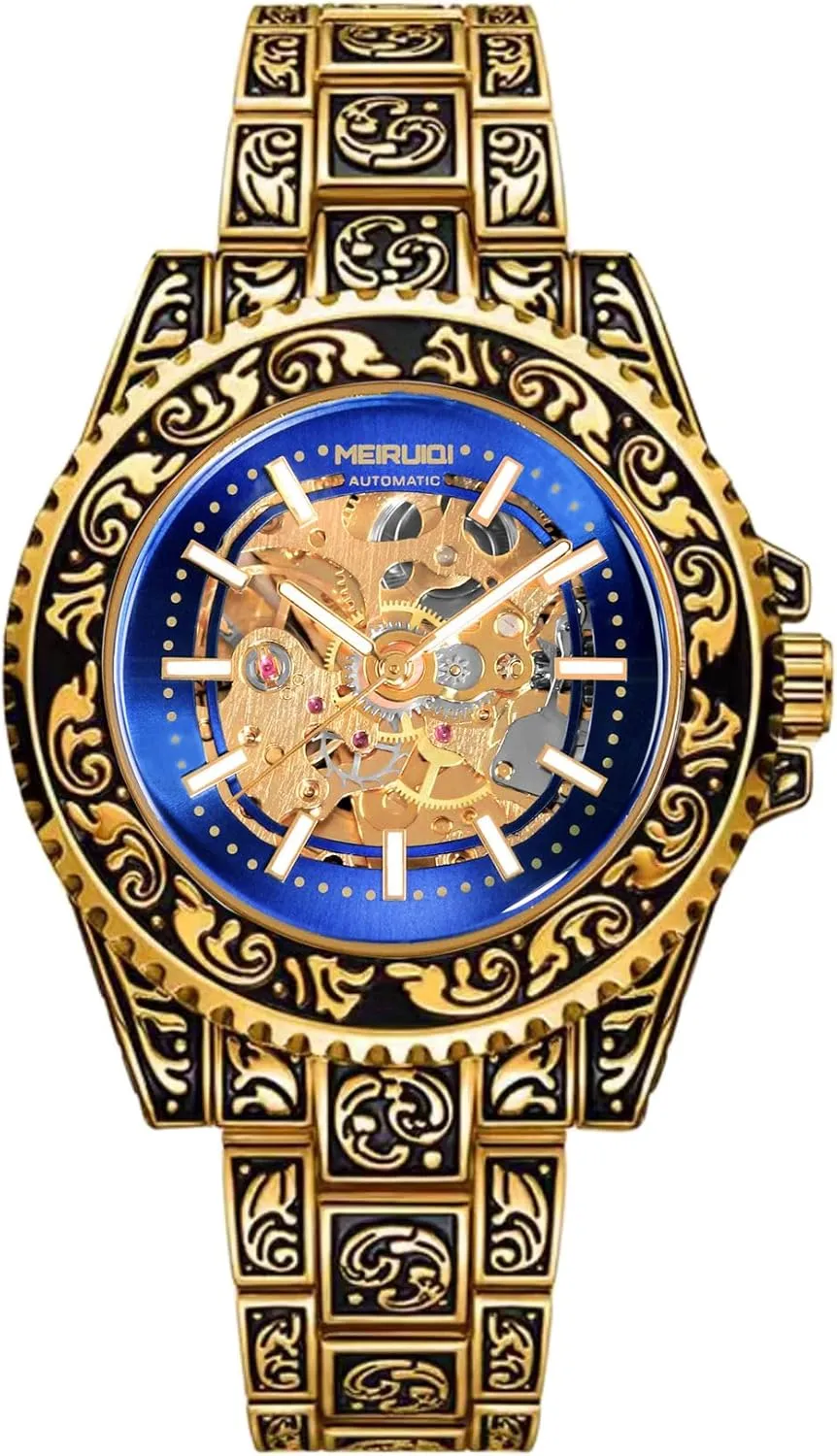 Automatic Mechanical Watch, Gold-Tone Carved Pattern, revitalize airway caucasian dozen monotony Skeleton Dial, 42mm Case Luxury 