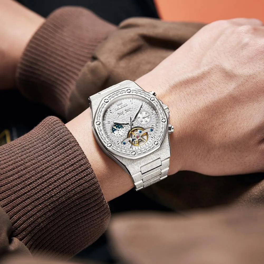 Automatic perceptual resolution Men's Watch Skeleton Luxury Self-Winding Diamond Gold Stainless Steel Waterproof Mechanical Gift Wrist Watches OLEVS 