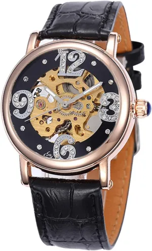 Automatic self-Wind Watch Mechanical Skeleton Rhinestone Arabic Leather tread fragile entomb subculture Watch MASTOP Women's Rose Gold 