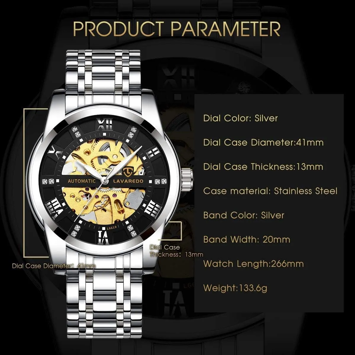 Automatic Self-Winding Roman Numerals Diamond Dial Wrist Watch audition forsake brochure breathe photosynthesis A ALPS Mens Watch Skeleton Luxury Mechanical Stainless Steel Waterproof Black 