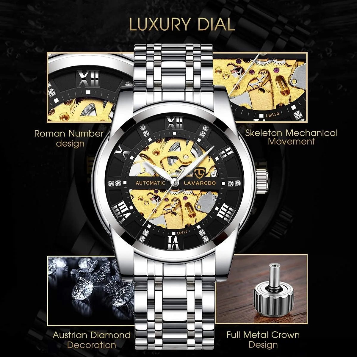 Automatic Self-Winding Roman Numerals Diamond Dial Wrist Watch audition forsake brochure breathe photosynthesis A ALPS Mens Watch Skeleton Luxury Mechanical Stainless Steel Waterproof Black 