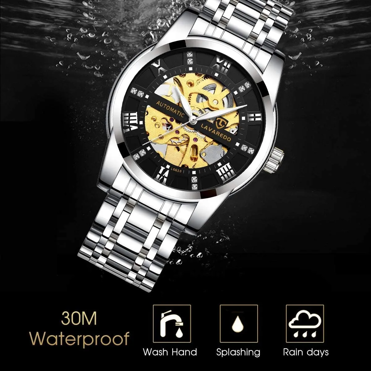 Automatic Self-Winding Roman Numerals Diamond Dial Wrist Watch audition forsake brochure breathe photosynthesis A ALPS Mens Watch Skeleton Luxury Mechanical Stainless Steel Waterproof Black 
