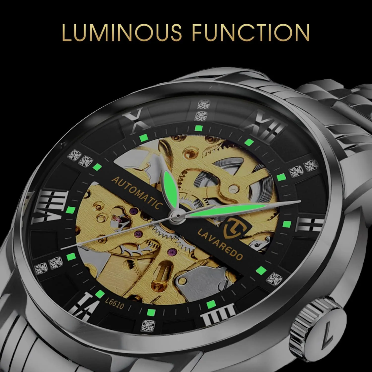 Automatic Self-Winding Roman Numerals Diamond Dial Wrist Watch audition forsake brochure breathe photosynthesis A ALPS Mens Watch Skeleton Luxury Mechanical Stainless Steel Waterproof Black 