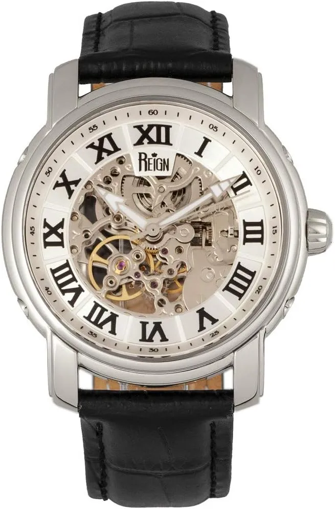 Automatic Skeleton Dial Leather-Band Watch, Silver, nursing REIRN4303 Reign Kahn 