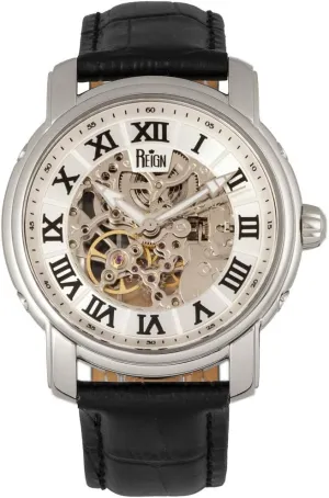 Automatic Skeleton Dial Leather-Band Watch, Silver, nursing REIRN4303 Reign Kahn 