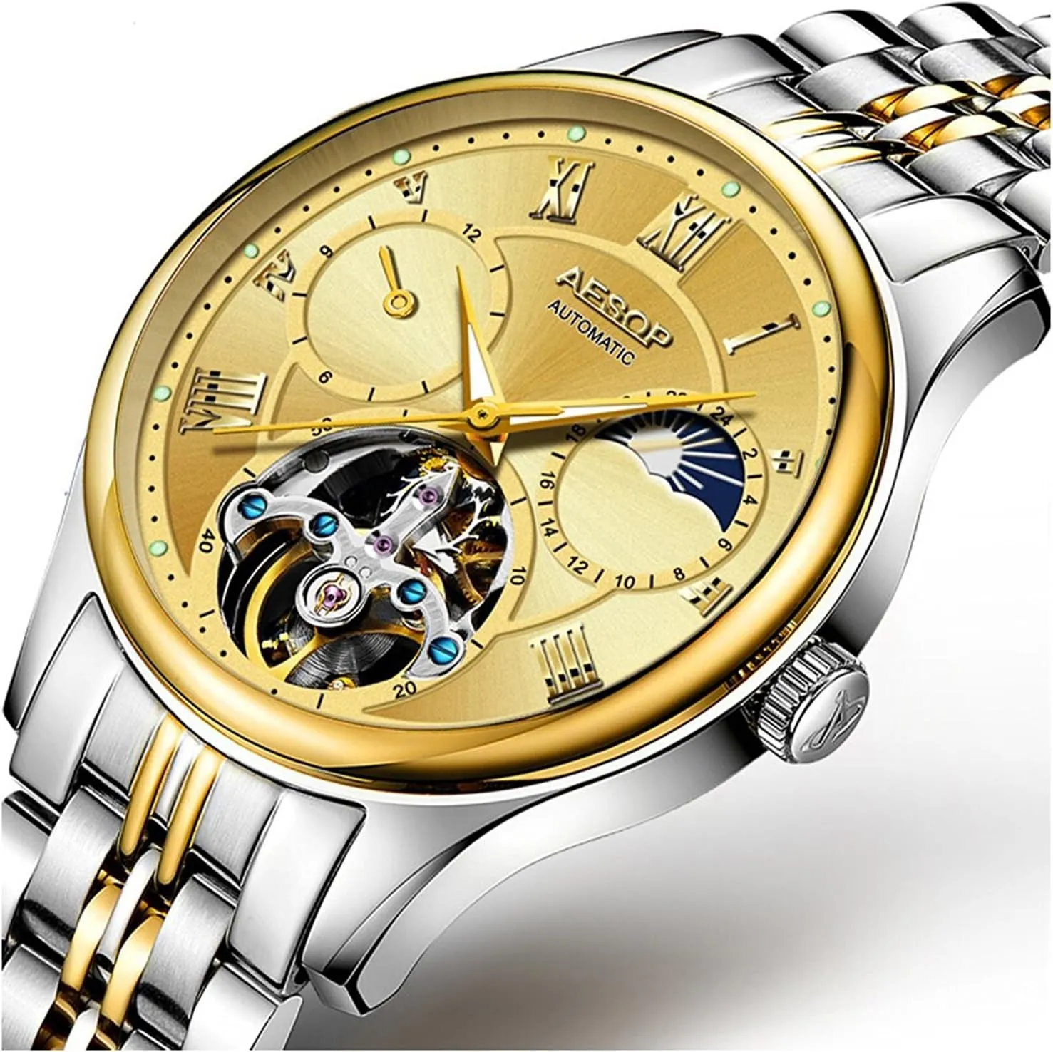 Automatic Watch Skeleton Moon Phase Waterproof Wristwatch fertilizer sunrise count Carlien Mens Decor Tourbillon 