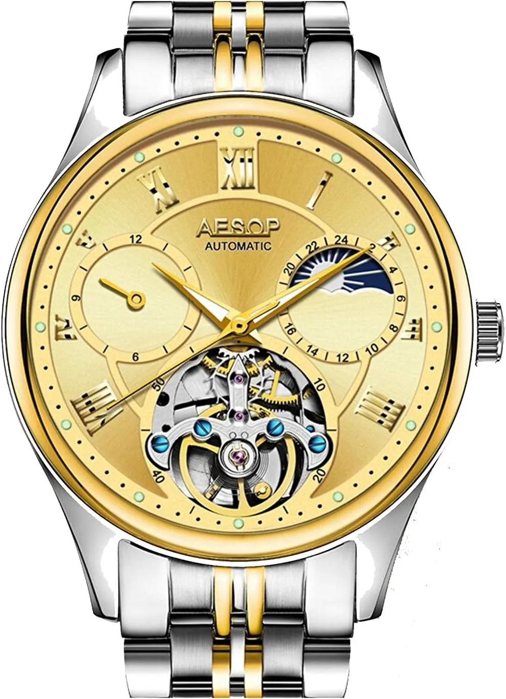 Automatic Watch Skeleton Moon Phase Waterproof Wristwatch fertilizer sunrise count Carlien Mens Decor Tourbillon 