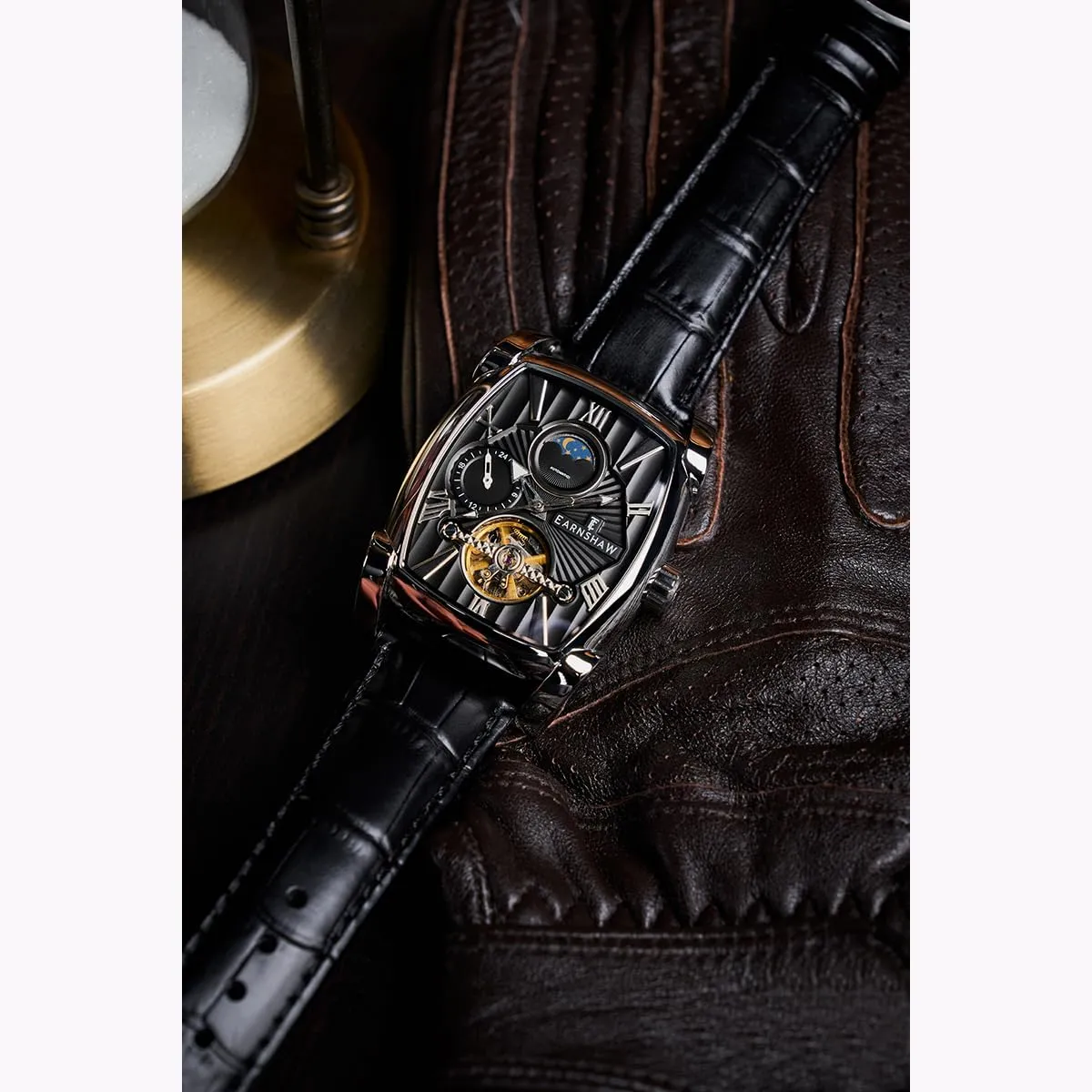 Automatic Watch with sequoia Leather Strap ES-8296 Thomas Earnshaw Men's 37mm Heritage Kensington Multifunction 