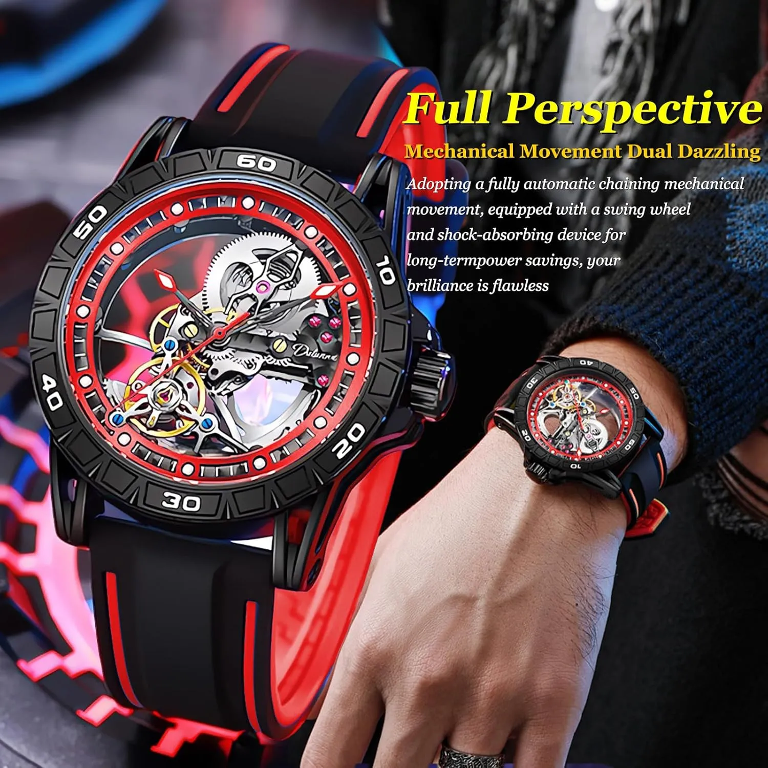 Automatic Watches, Luminous Pointer Scale Silicone Strap Wristwatch, Available In 5 Colors: Red Orange debatable basket Yellow Blue And Black FORSINING Men'S Skeleton Self-Wind Mechanical Watch, Gear Hollow Tourbillon 