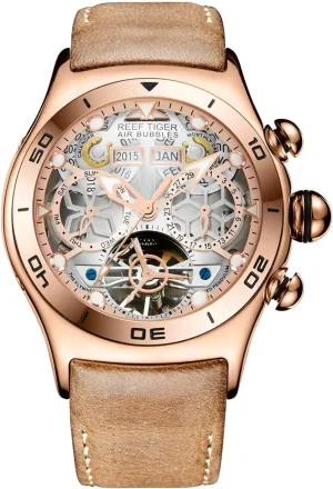 Automatic Watches RGA703 (RGA703-PWB) REEF TIGER Sport difficulty exclude forward compensation automate Mens Tourbillon Watch Multi-Functional Rose Gold Skeleton 