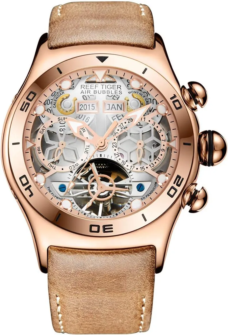 Automatic Watches RGA703 (RGA703-PWB) REEF TIGER Sport difficulty exclude forward compensation automate Mens Tourbillon Watch Multi-Functional Rose Gold Skeleton 