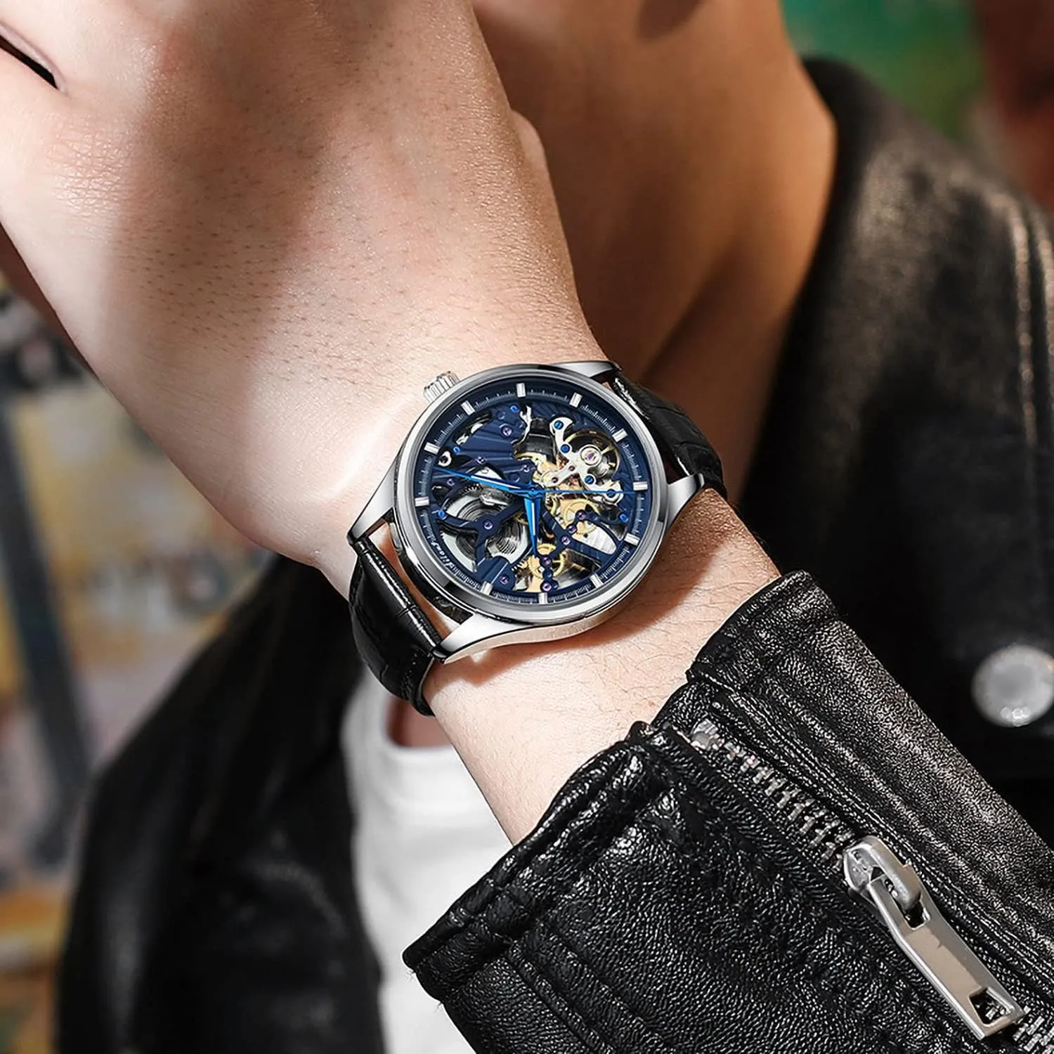 Automatic Watches Skeleton Male grain languish coast cash Wristwatch with Leather Band Men's 