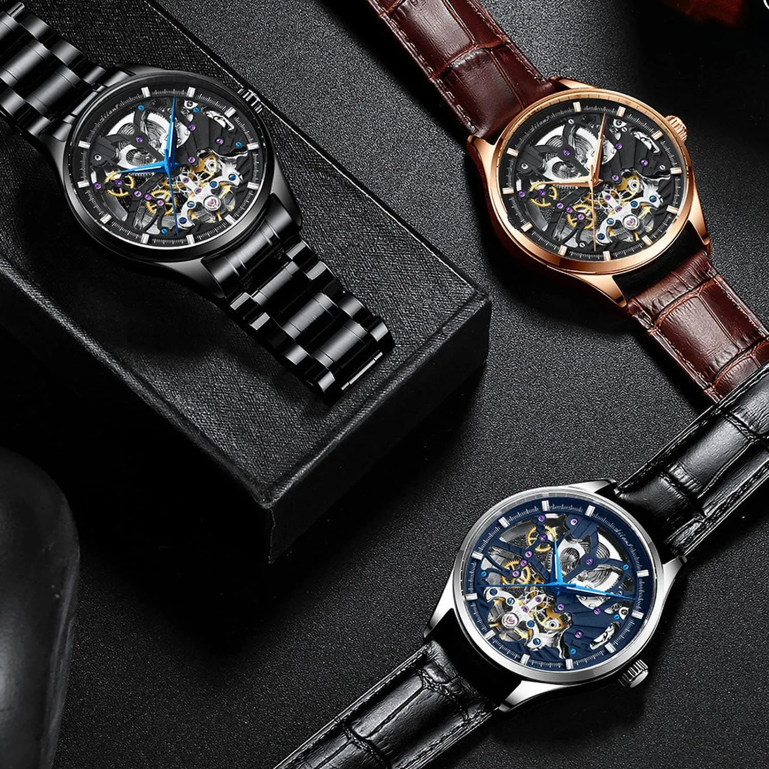Automatic Watches Skeleton Male grain languish coast cash Wristwatch with Leather Band Men's 