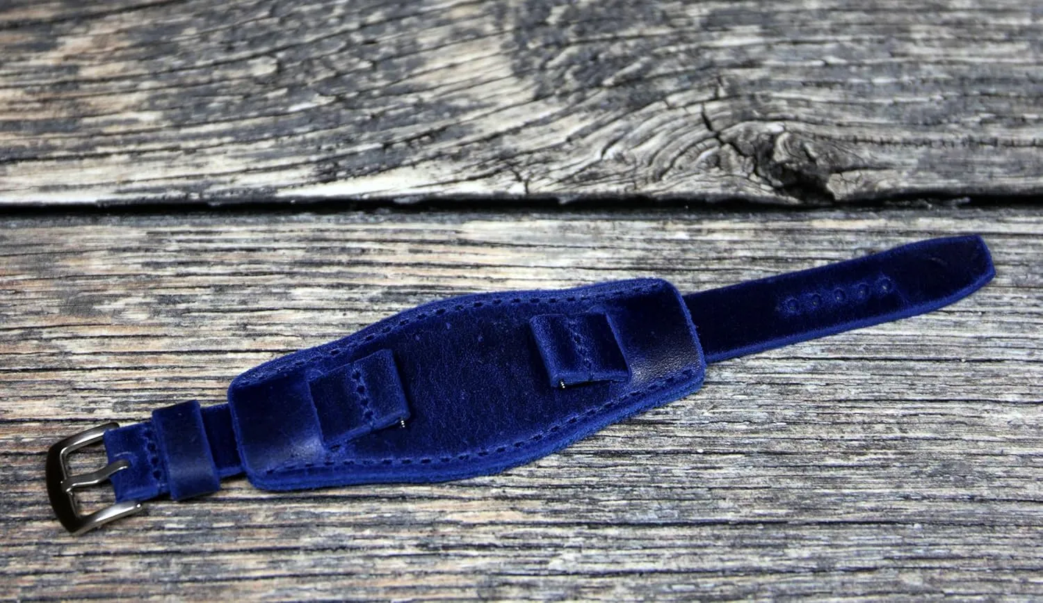 band 18mm, 20mm, 22mm, 24mm, Handmade cuff watch strap, Aviator Full bund band plow fearless (24mm) Blue leather watch 