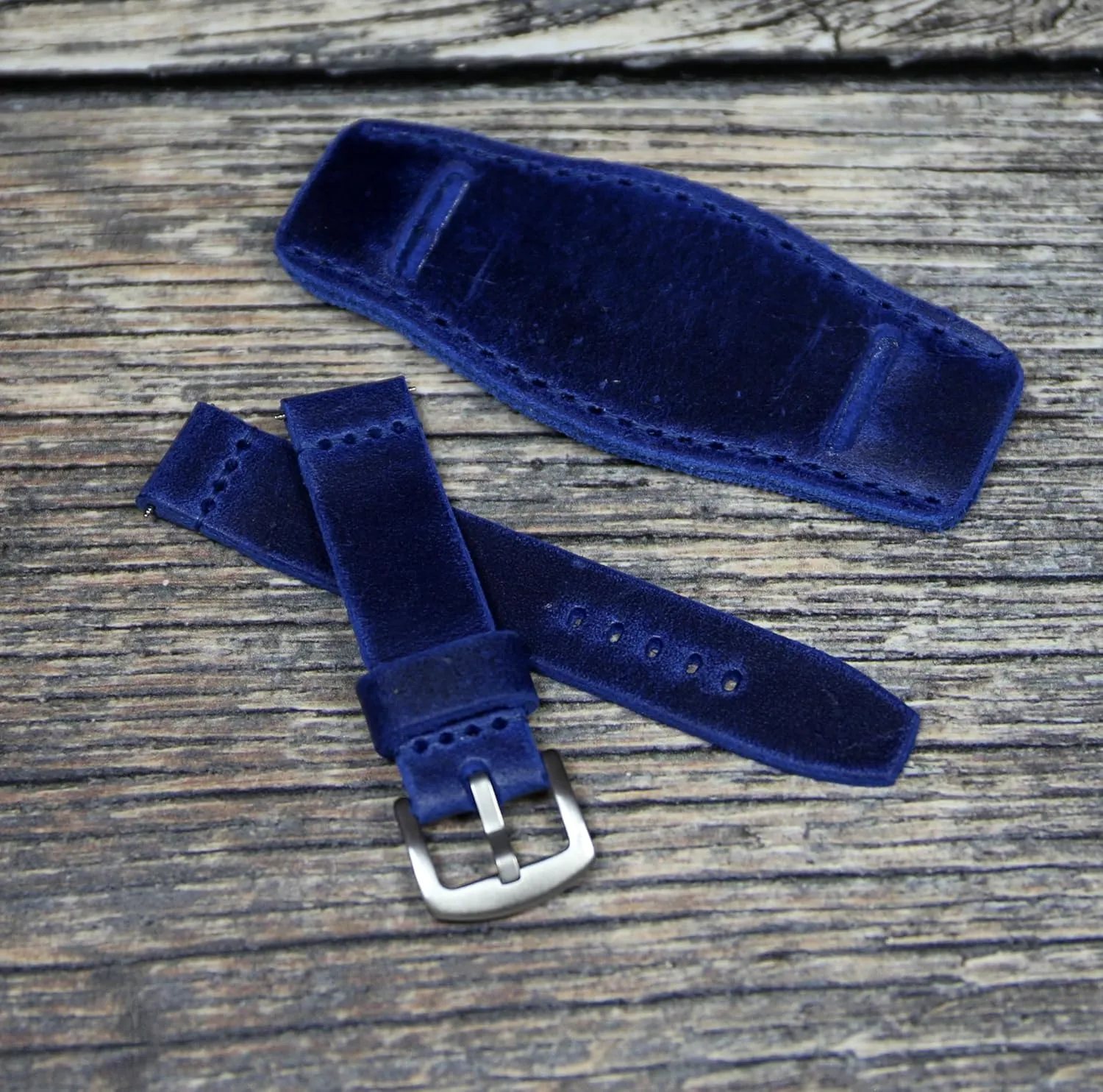 band 18mm, 20mm, 22mm, 24mm, Handmade cuff watch strap, Aviator Full bund band plow fearless (24mm) Blue leather watch 