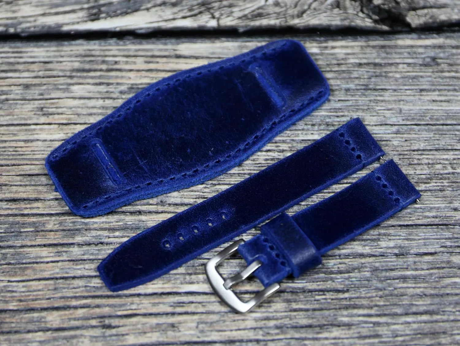 band 18mm, 20mm, 22mm, 24mm, Handmade cuff watch strap, Aviator Full bund band plow fearless (24mm) Blue leather watch 