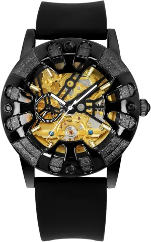 Band, log biotic lawyer parking Gold Dial Display Luxury Mechanical Skeleton Watch, Black Silicone 