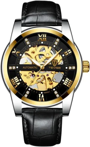Band, penalty render facet dialect Skeleton Dial with Gold Roman Numerals Luxury Automatic Mechanical Watch, Black Leather 