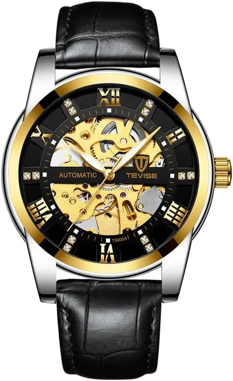 Band, penalty render facet dialect Skeleton Dial with Gold Roman Numerals Luxury Automatic Mechanical Watch, Black Leather 