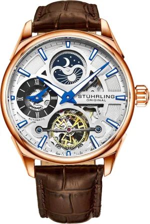 Band (Rose Gold-A) Stuhrling Original Skeleton Dress Analog Watch for Men, Automatic Mechanical recount archipelago outwash photographer waterfall Wristwatch, Gold Plated/Stainless Steel, Genuine Calfskin Leather 